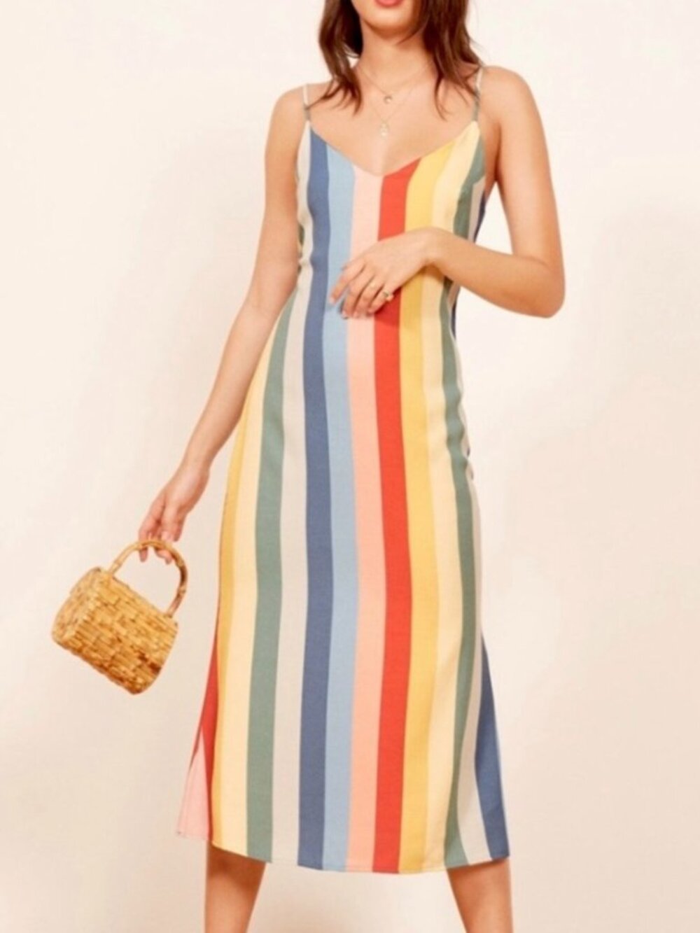 Reformation Jaxon Rainbow Stripe Midi Dress US 12